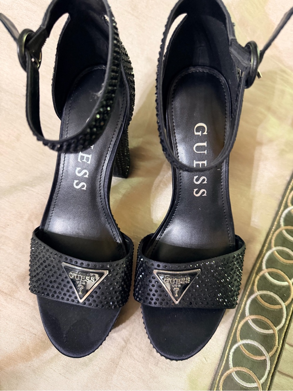 GUESS Black Studded Block Heel Sandals with Logo Accent